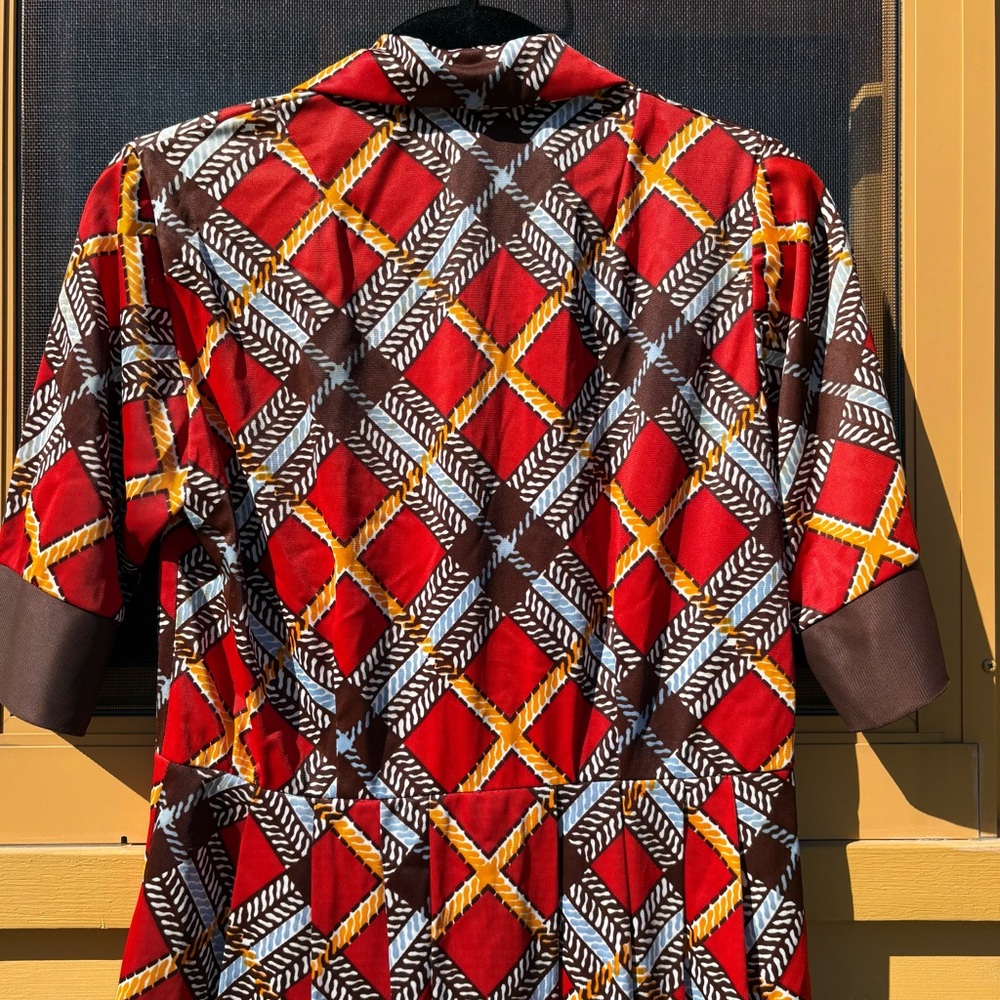 Retro Geometric Shirt Dress Handmade Red Gold Buttons Trellis Holiday Party Chic - Picture 10 of 12